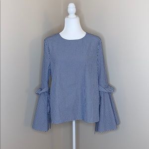 INA Navy and white plaid bell sleeve blouse- large